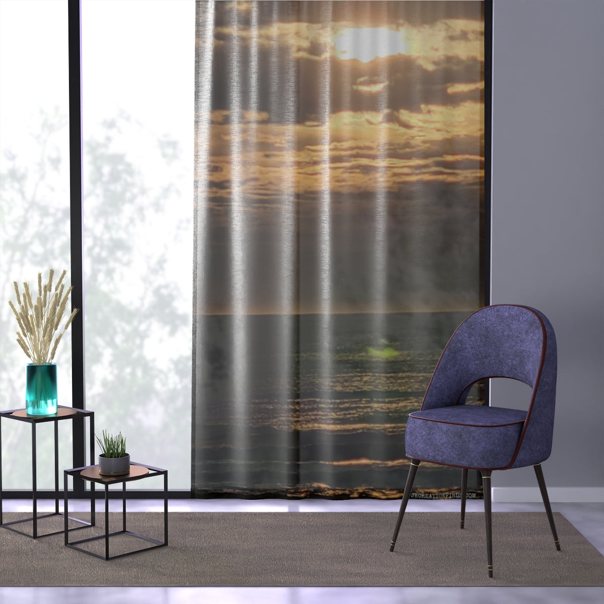 Golden Sunset Over Ocean Scene Decorative Curtain
