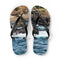 Flip-flops with ocean waves and rocky coastline design.