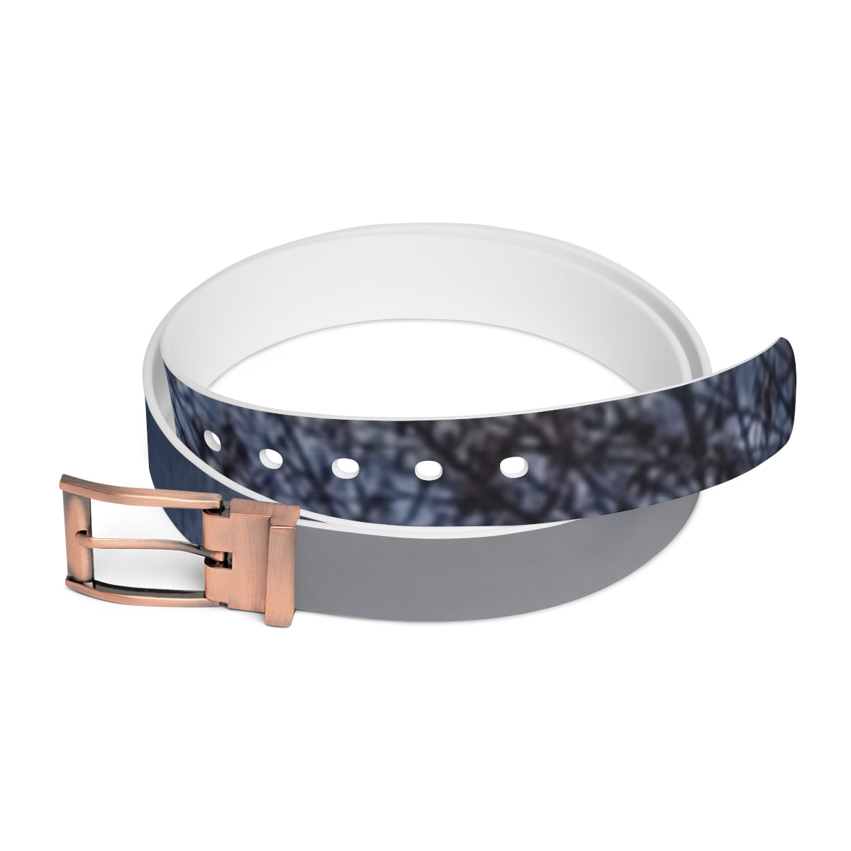 Blue and White Patterned Belt with Rose Gold Buckle