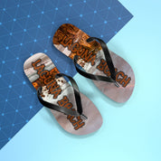Laguna Beach flip flops with palm leaf pattern on blue geometric background.
