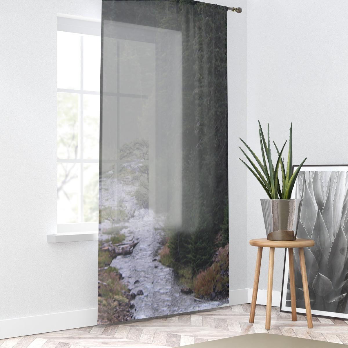 Tranquil Forest Stream Sheer Curtain for Living Room