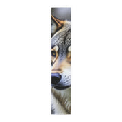 Close-up of a wolf's face with a white background and text on the right edge.