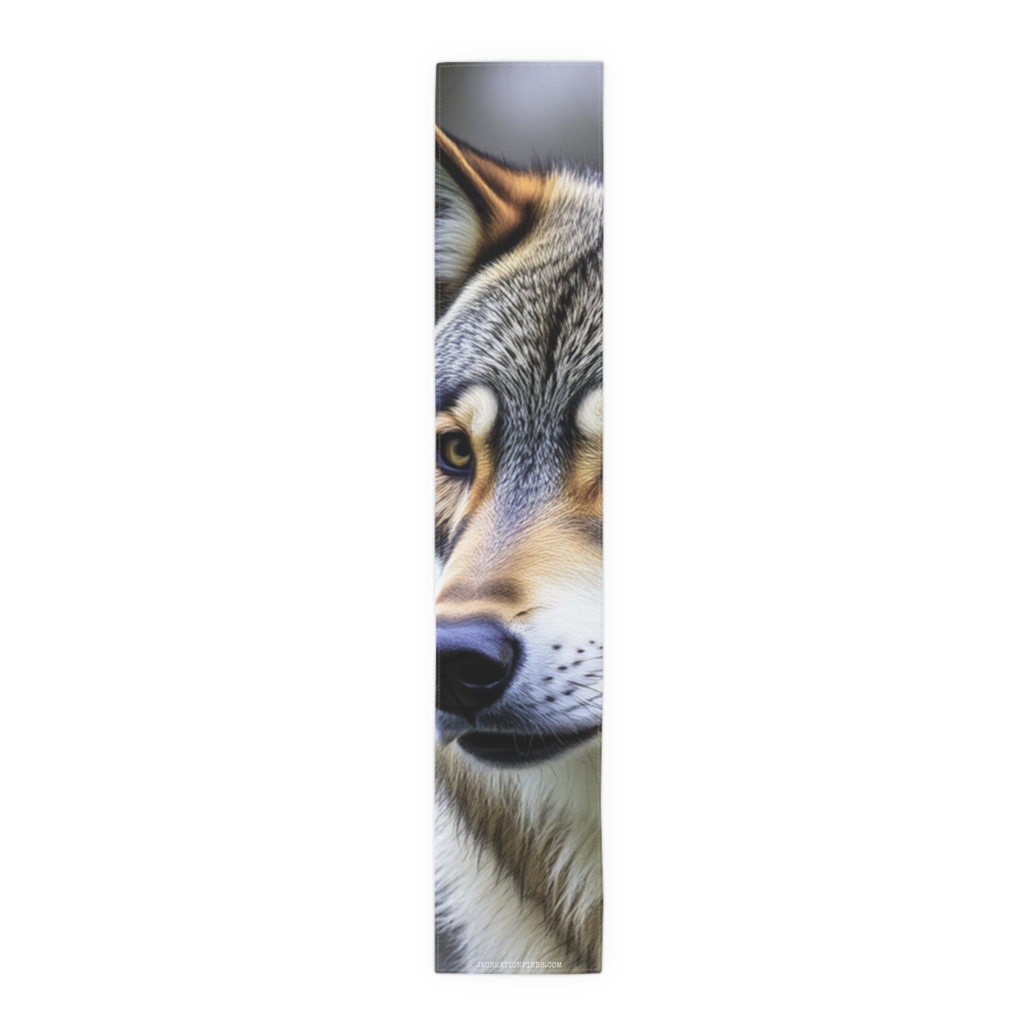 Close-up of a wolf's face with a white background and text on the right edge.