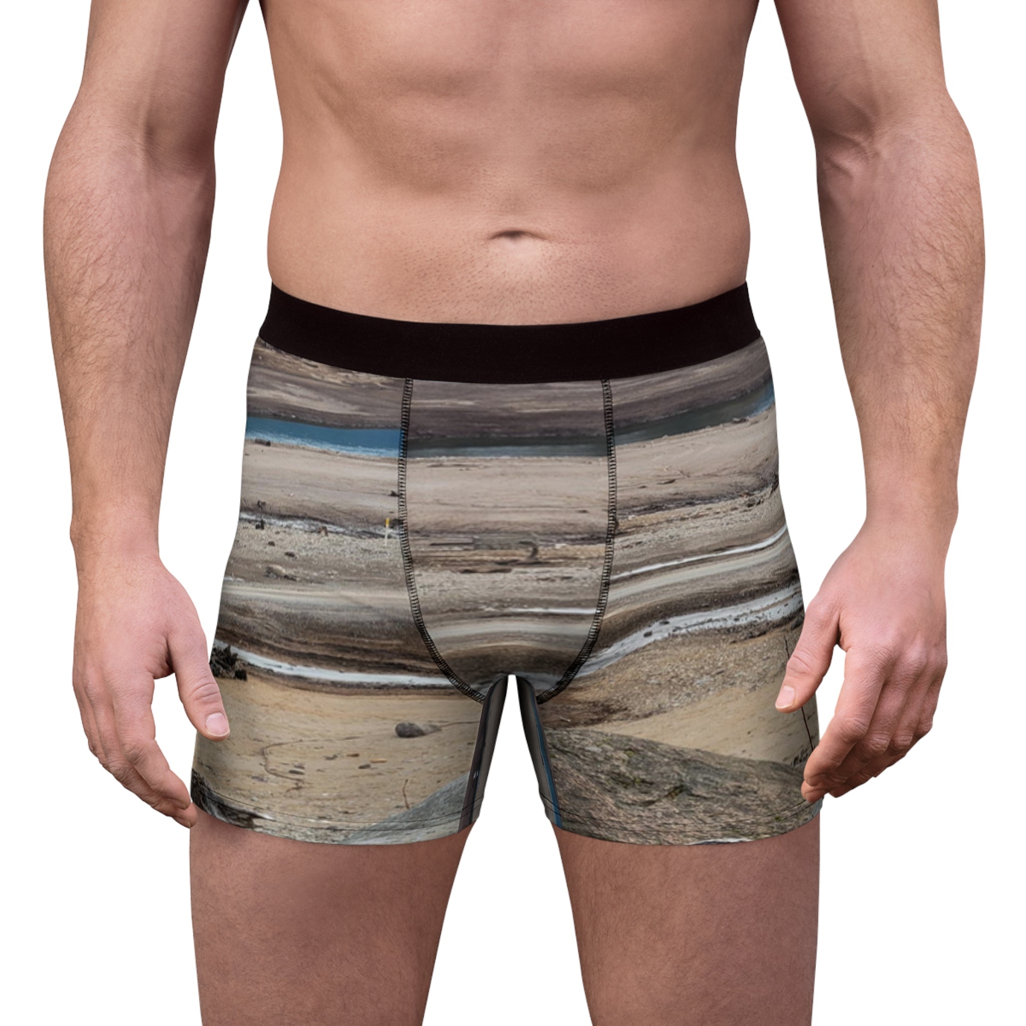 Men's boxer briefs with a low-water reservoir landscape print.
