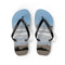 Flip-flops with a beach scene featuring two figures and ocean waves.