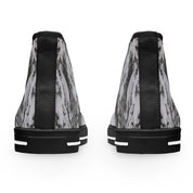 Pair of black high-top canvas shoes with a snowy tree bark pattern.