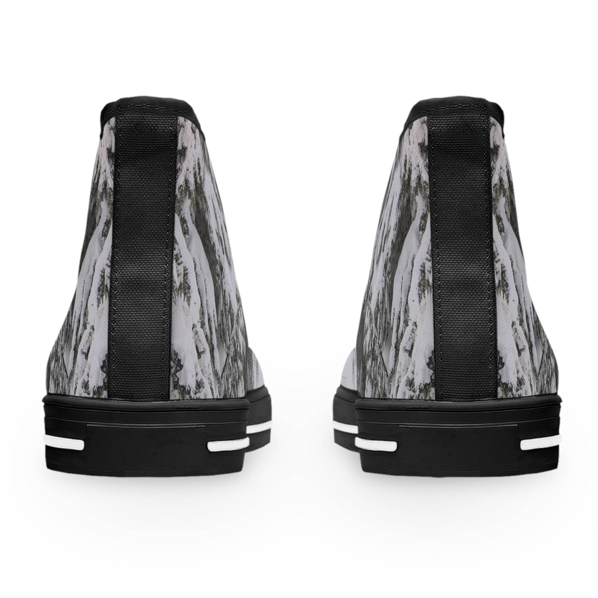 Pair of black high-top canvas shoes with a snowy tree bark pattern.