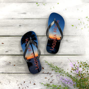 Laguna Beach flip-flops with sunset scene and palm trees.