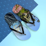 Flip-flops with California beach and floral scenes, and a subtle "LA" graphic.