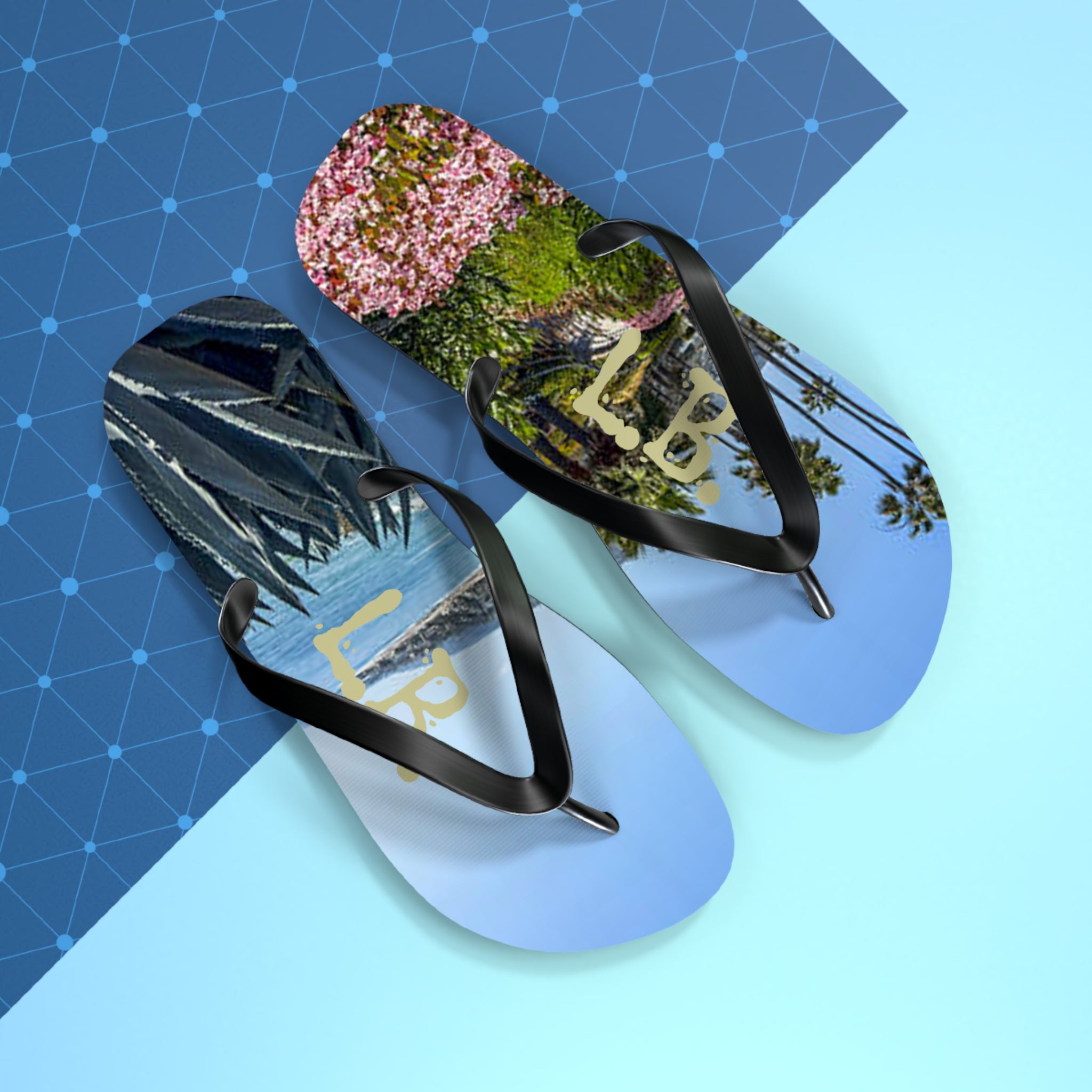 Flip-flops with California beach and floral scenes, and a subtle "LA" graphic.