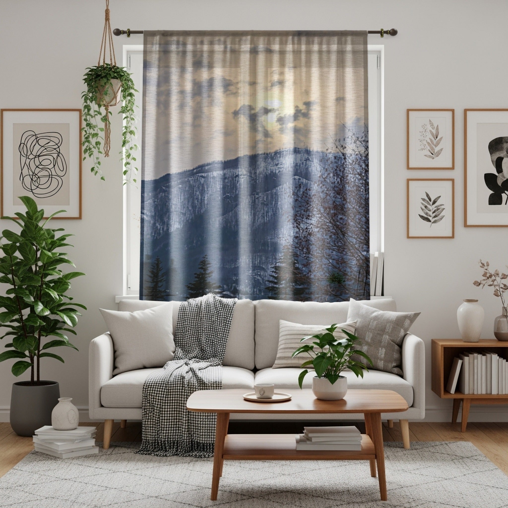 Mountain Landscape Window Curtain, Nature Inspired Home Decor, Forest View Drapes, Scenic Mountain Curtains, Cloudy Sky Window Covering