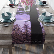 Table runner with purple trees and reflection, featuring JKCREATIONFINDS.COM