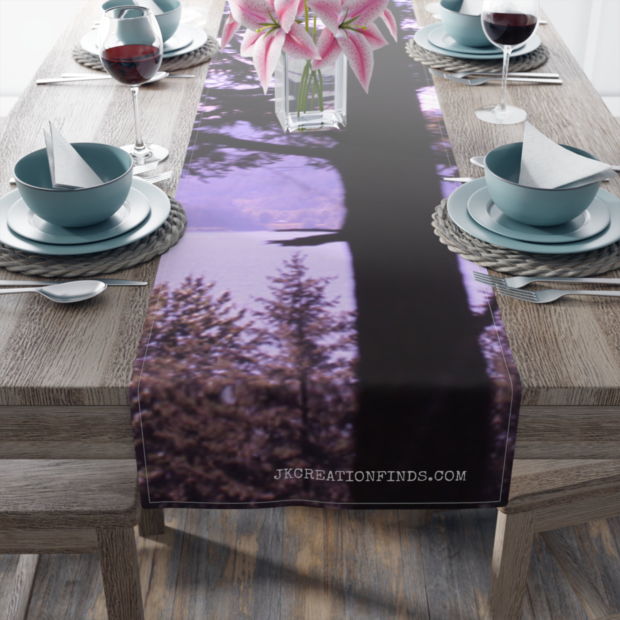Table runner with purple trees and reflection, featuring JKCREATIONFINDS.COM