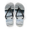 Flip flops with a marbled blue and gray design.