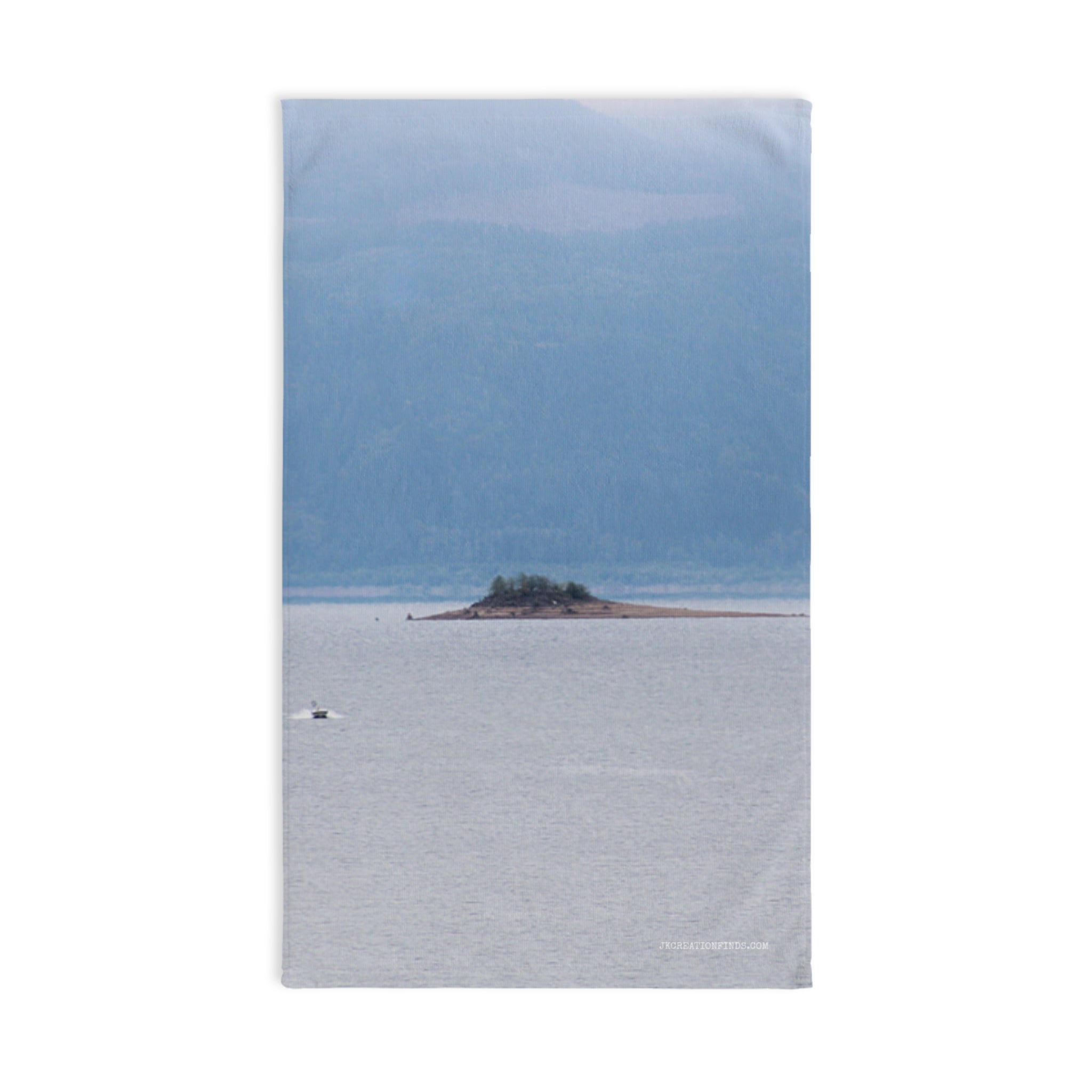 Serene island in calm waters scene with mountains product