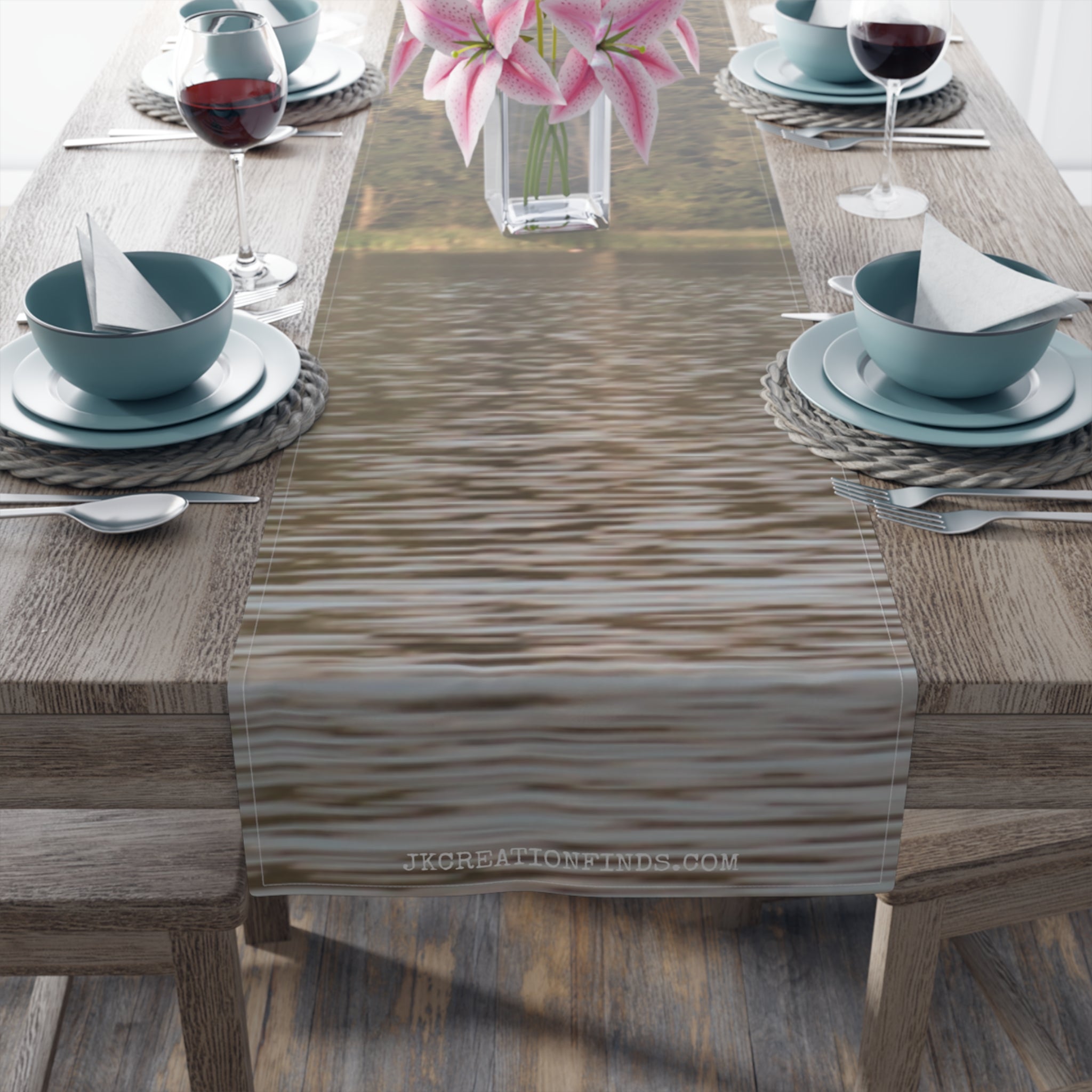 Table runner with water ripple pattern and "JKCREATIONFINDS.COM" text.
