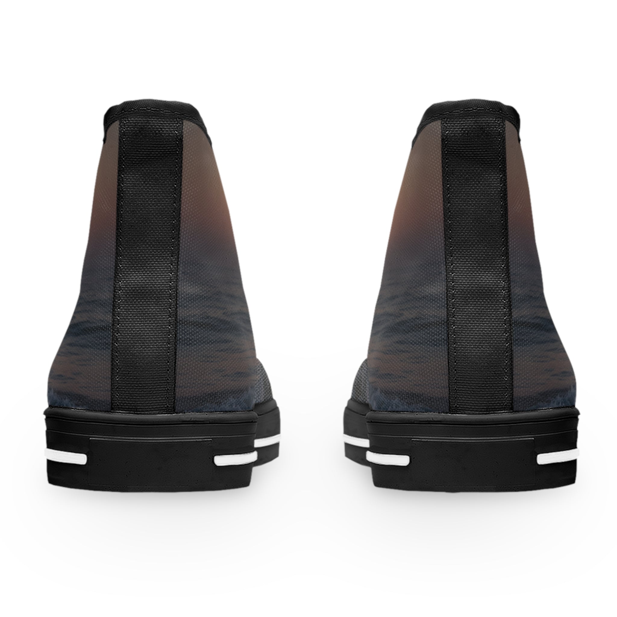 Back view of two black high-top canvas shoes with a sunset ocean graphic.