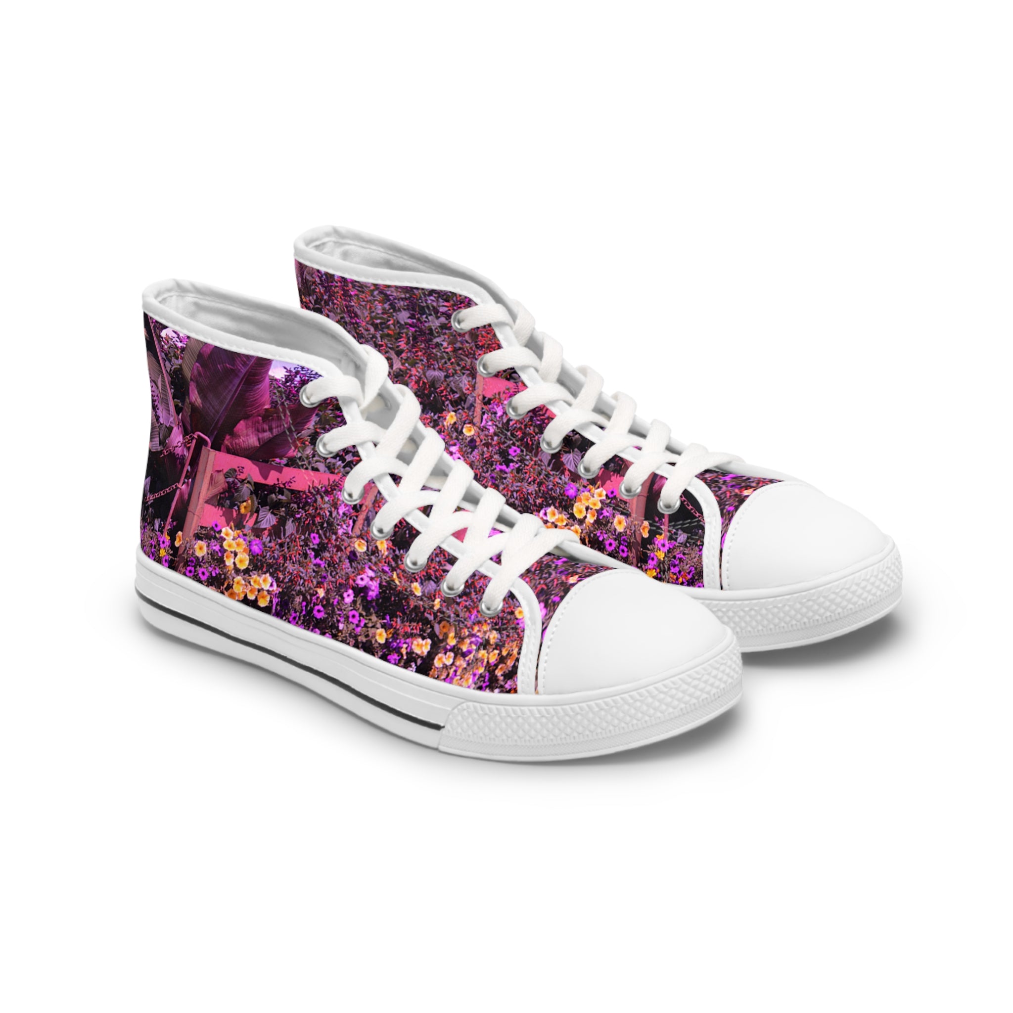 High-top canvas sneakers with a pink and purple floral pattern.