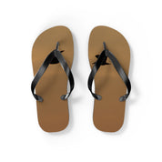 Brown flip-flops with black straps and a black bird silhouette.