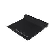 Black yoga mat with "JKCREATIONFINDS.COM" printed in white.