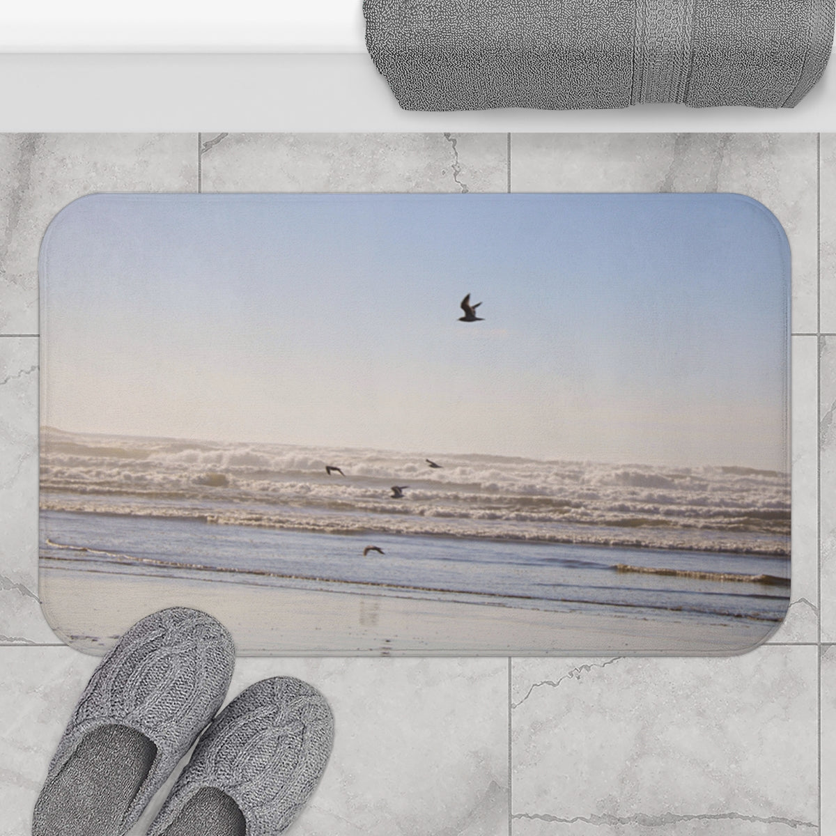 Serene Beach Scene Bath Mat with Birds in Flight