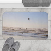 Serene Beach Scene Bath Mat with Birds in Flight