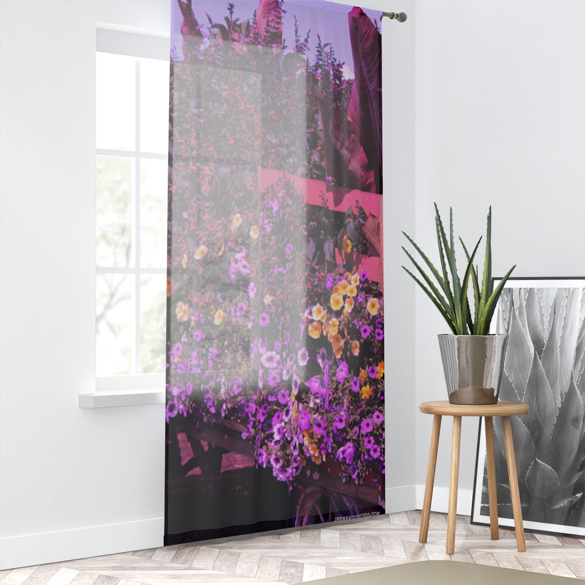 Floral Garden Window Curtain, Purple Yellow Flower Curtain, Botanical Print Curtain, Nature Inspired Home Decor, Pretty Home Decor Window