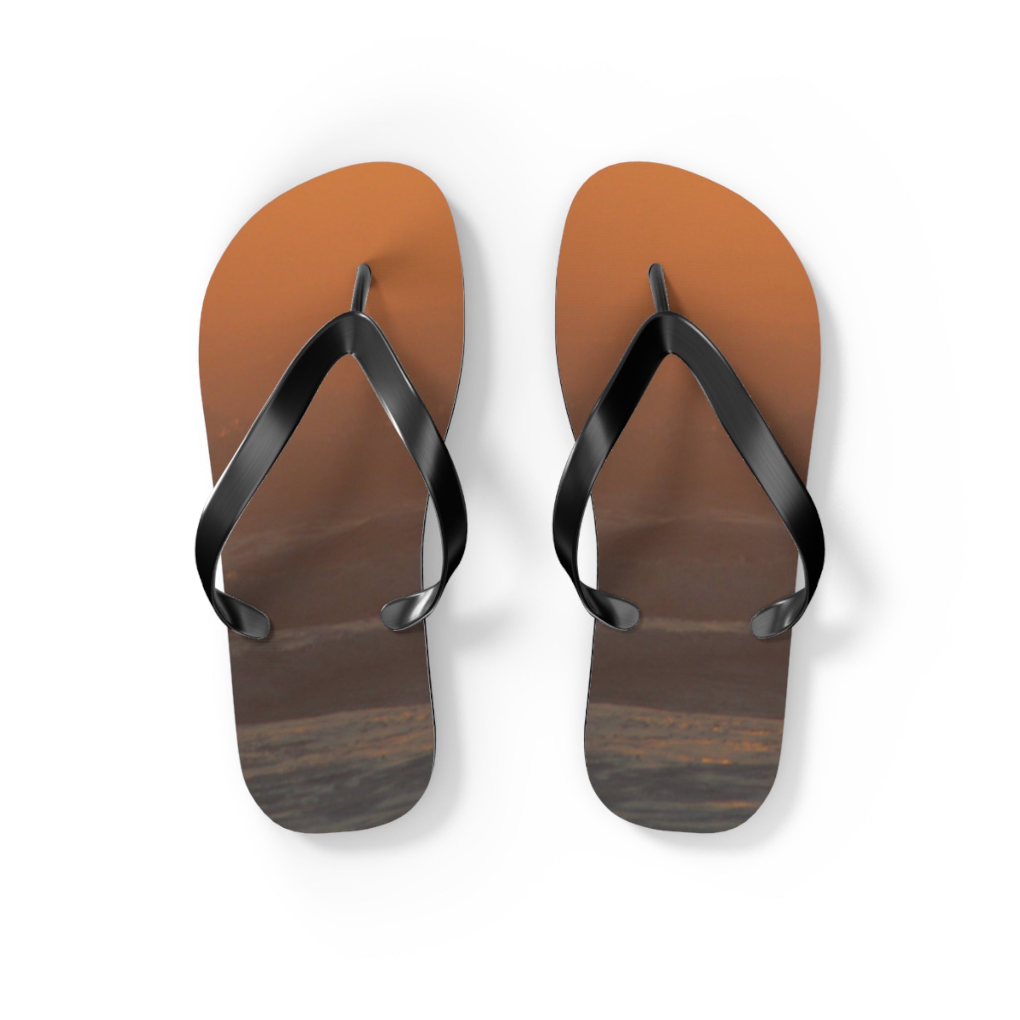 Brown flip-flops with black straps against a white background.