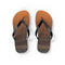 Brown flip-flops with black straps against a white background.
