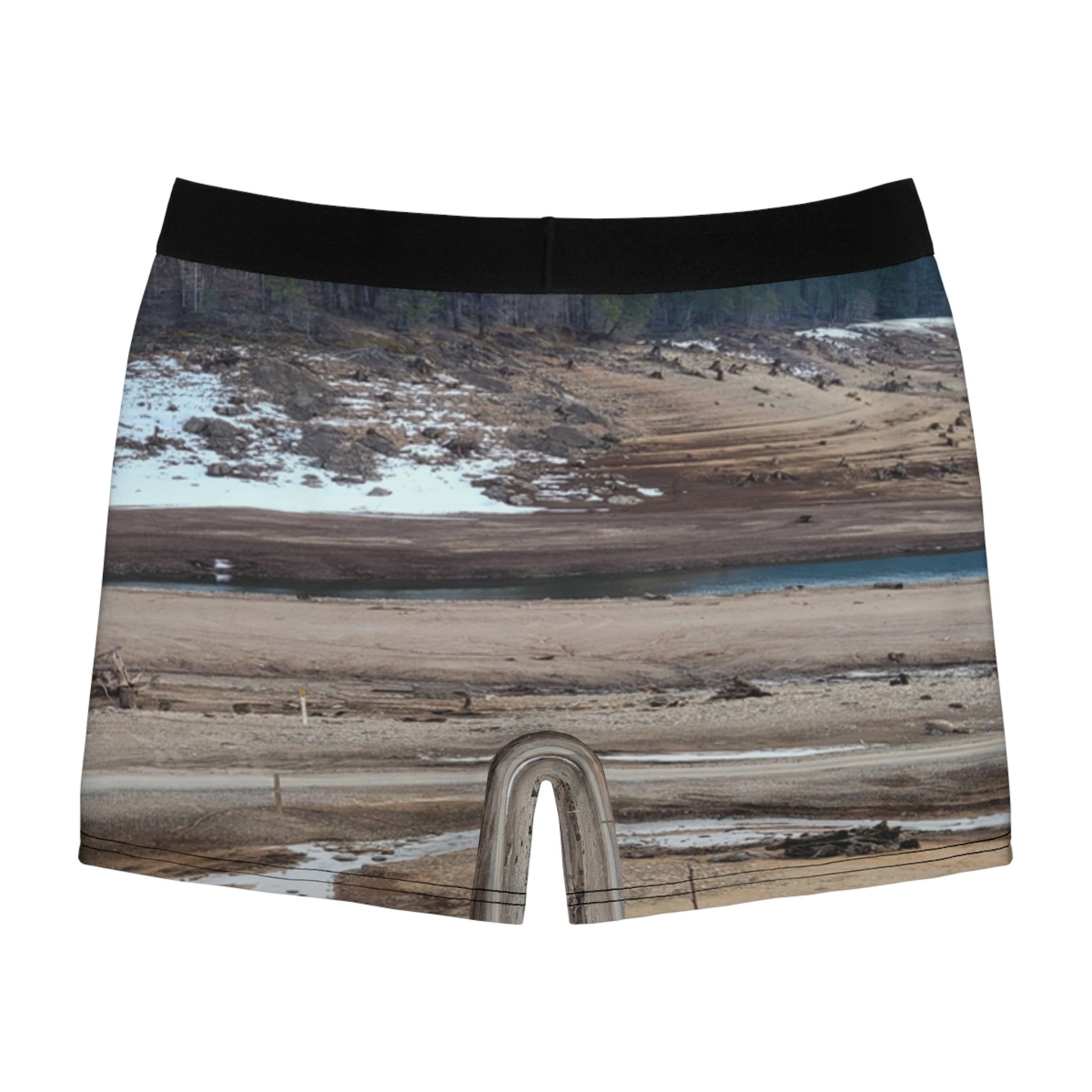 Boxer briefs with a dry, barren landscape scene.