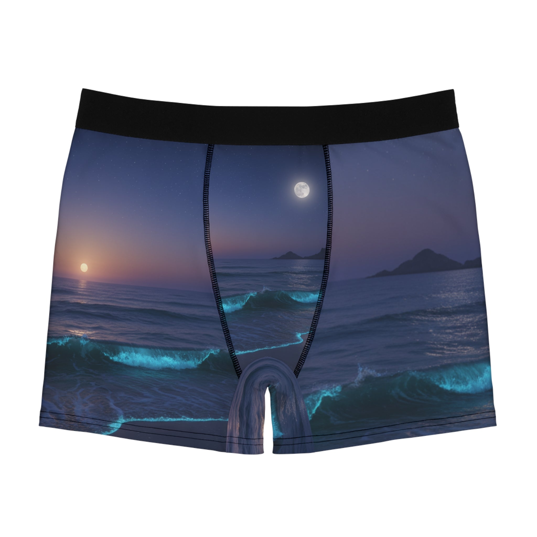Boxer briefs with a serene ocean sunset and moon graphic.
