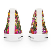Two high-top canvas sneakers with a vibrant floral print.