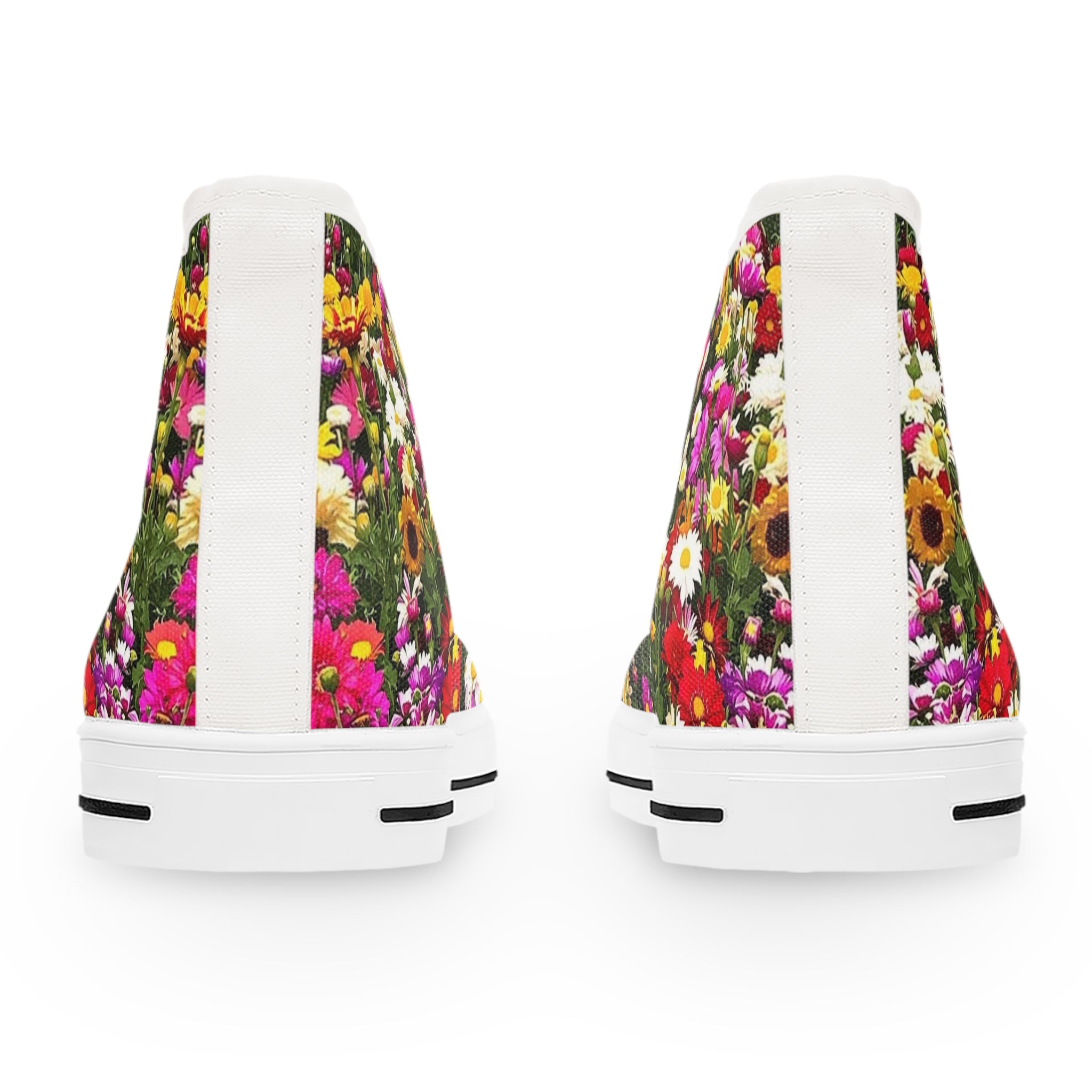 Two high-top canvas sneakers with a vibrant floral print.