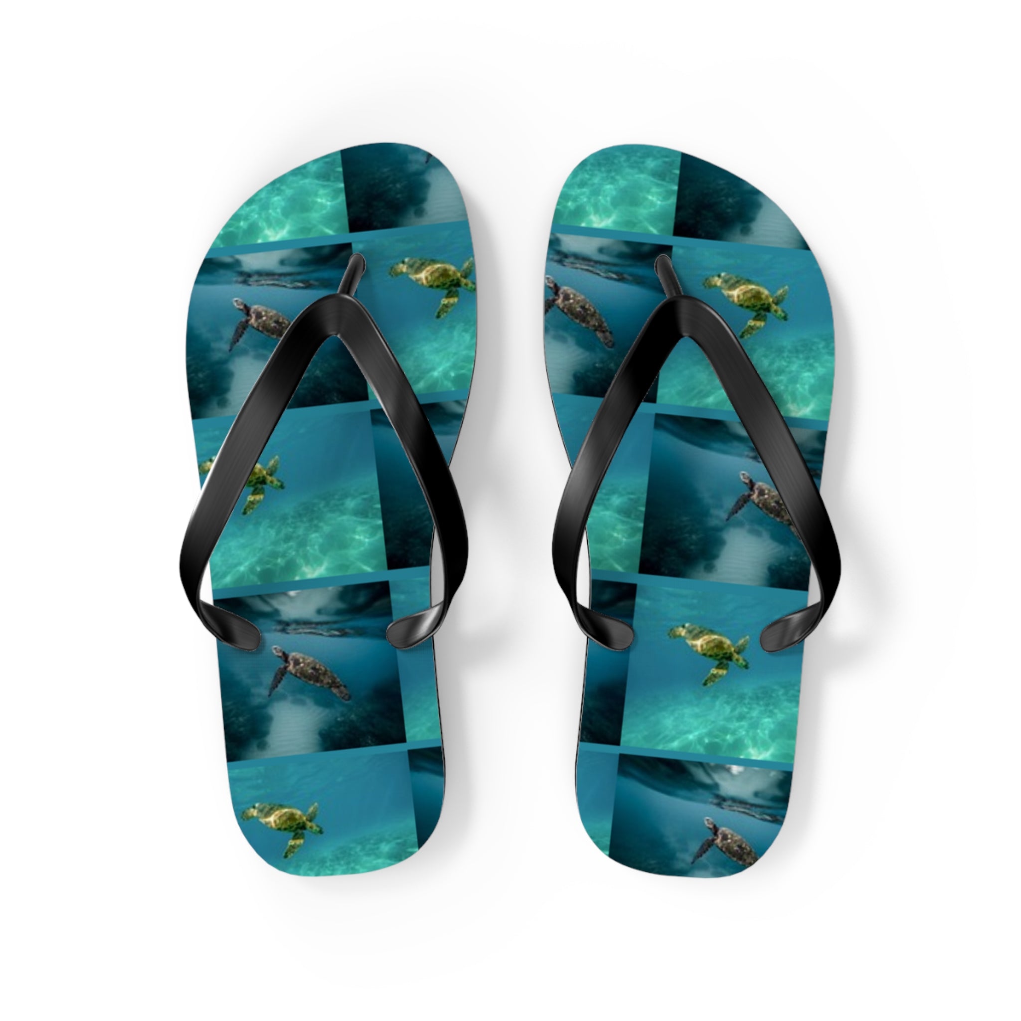 Flip-flops with a repeating pattern of sea turtles swimming in clear water.