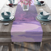 Table runner with purple abstract landscape, "JKCREATIONFINDS.COM" text.