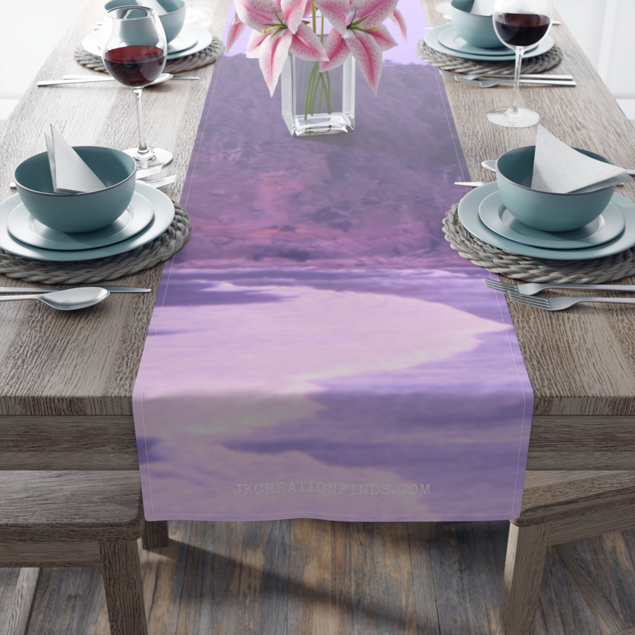 Table runner with purple abstract landscape, "JKCREATIONFINDS.COM" text.