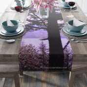 Table runner with a misty forest and lake scene, "JKCREATIONFINDS" text.