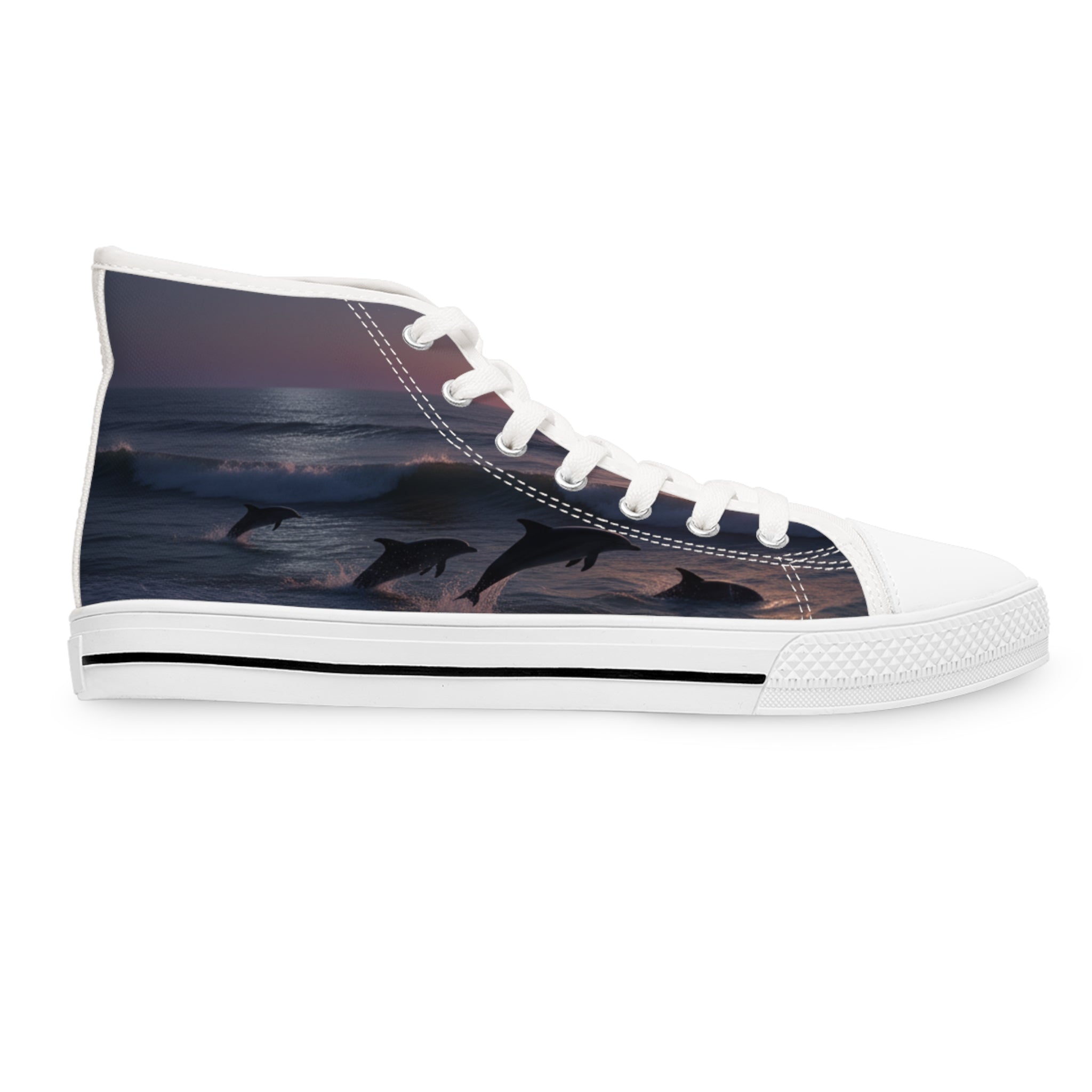 High-top sneaker with leaping dolphins and ocean waves graphic.