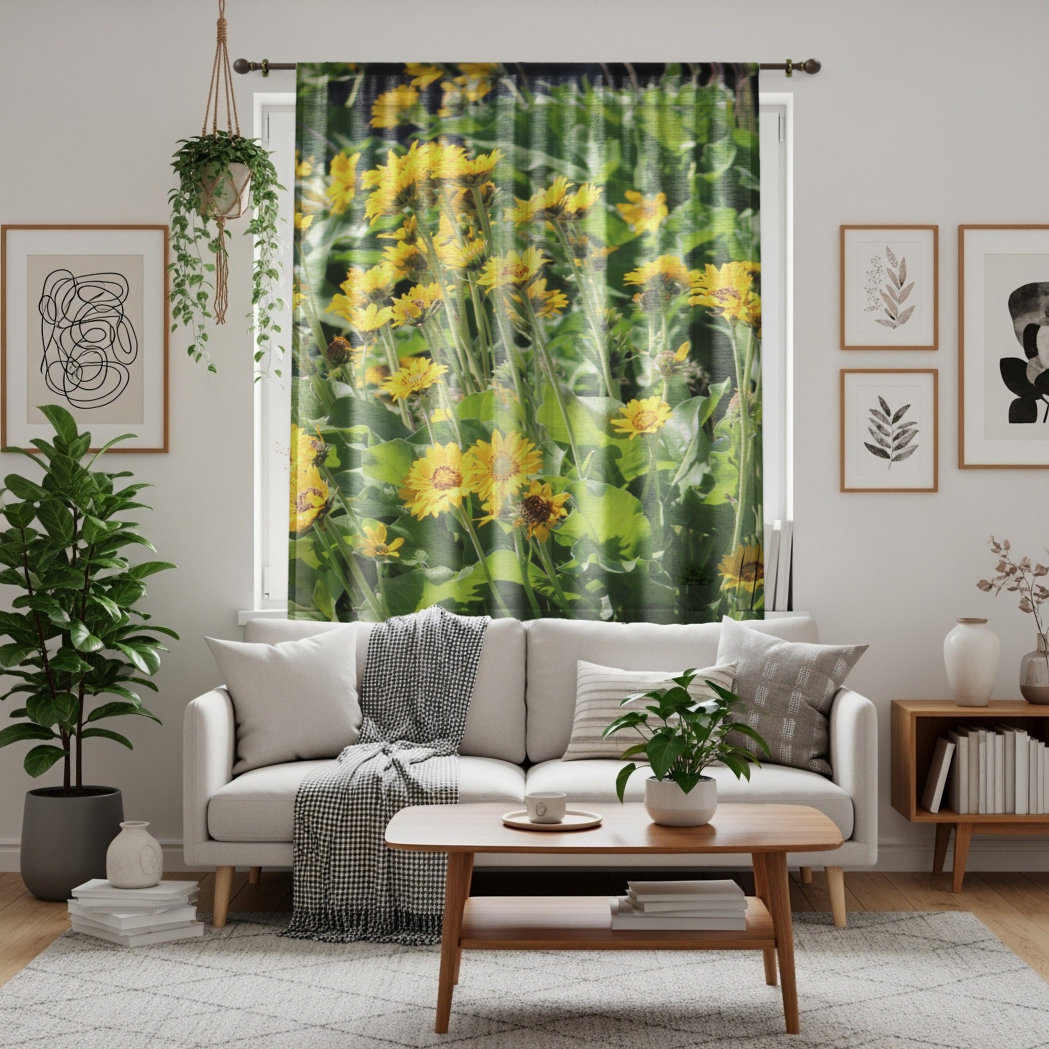 Yellow Flower Window Curtain, Golden Aster Floral Drapes, Botanical Nature Home Decor, Bright Spring Summer Sunlight Window Treatment