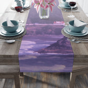 Table runner with a purple landscape and the text "JKCREATIONFINDS.COM".