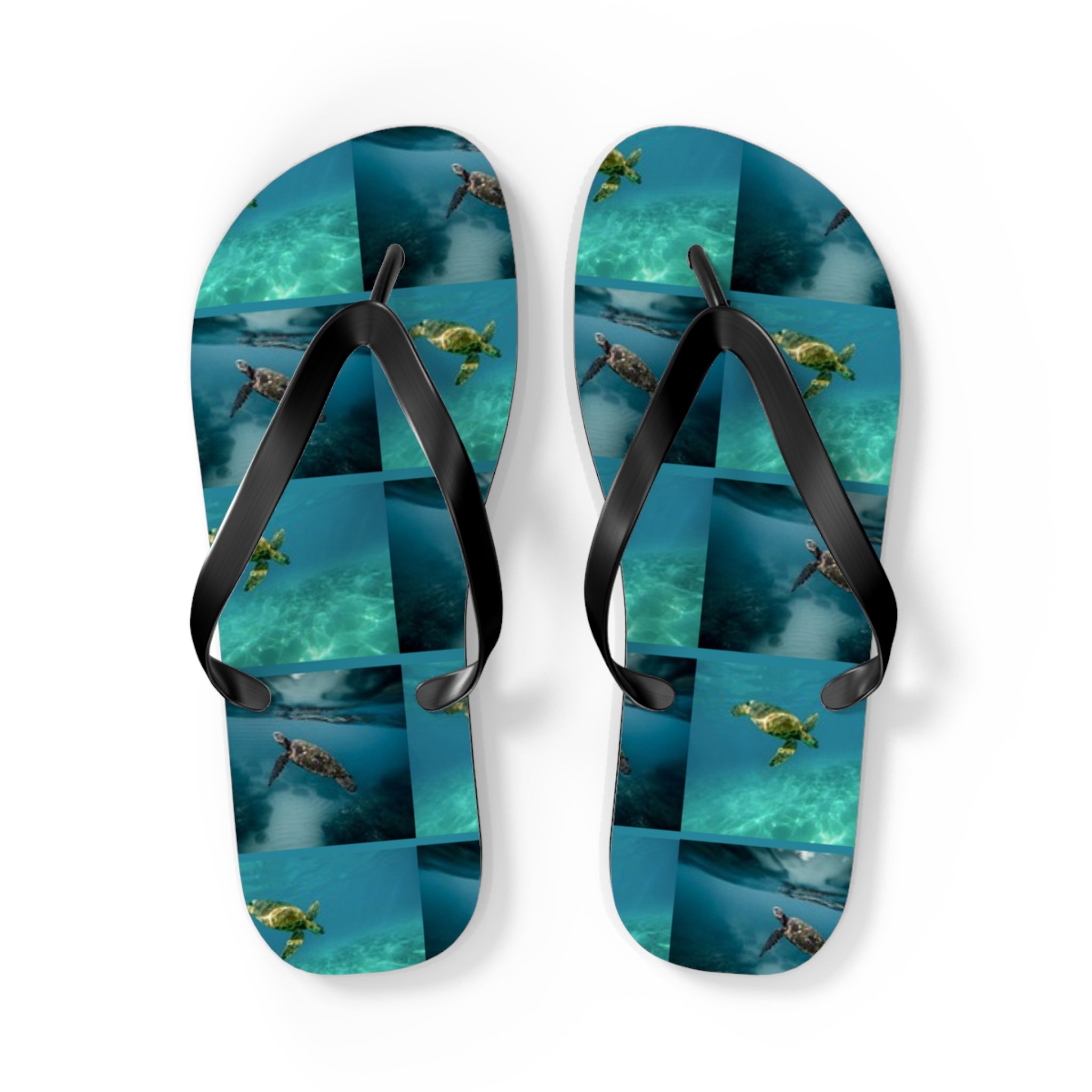 Flip-flops with sea turtle underwater collage design.