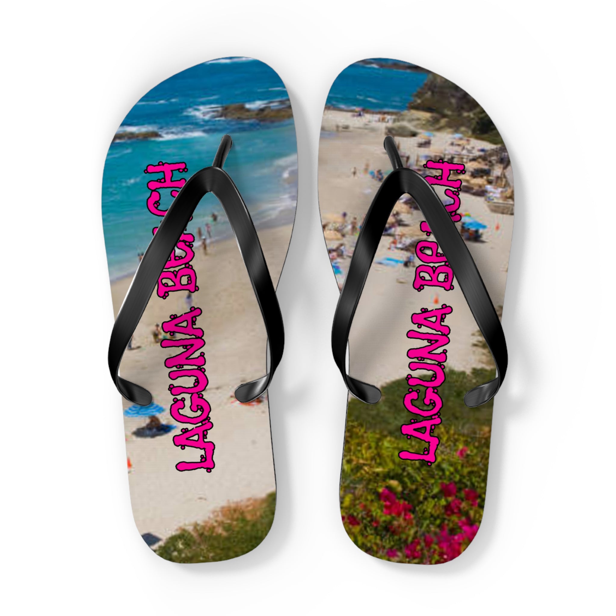 Laguna Beach flip-flops with a beach scene and text on the straps.