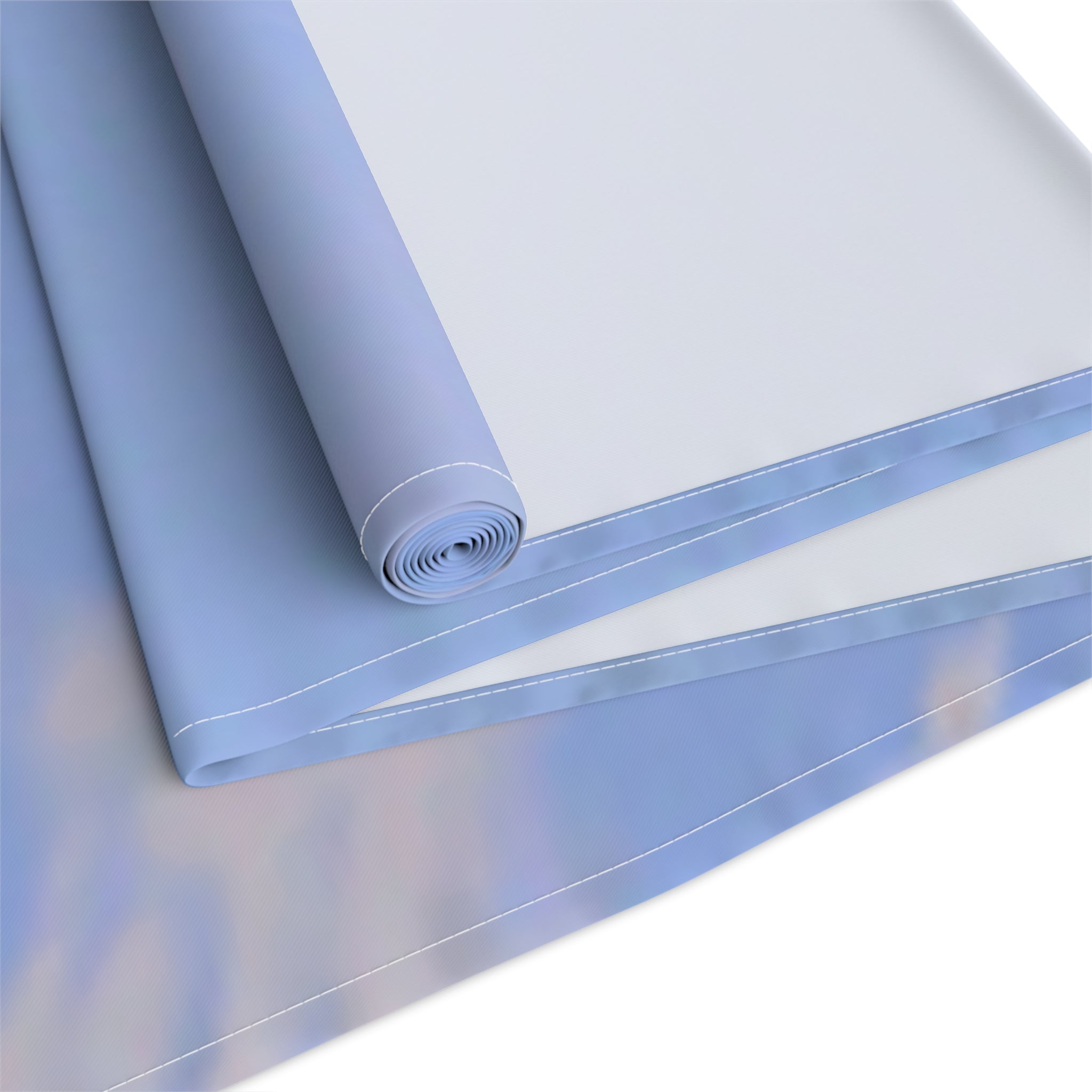 Rolled light blue fabric with a white stitched edge on a white background.