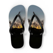 Flip-flops with a sunset landscape scene on straps.