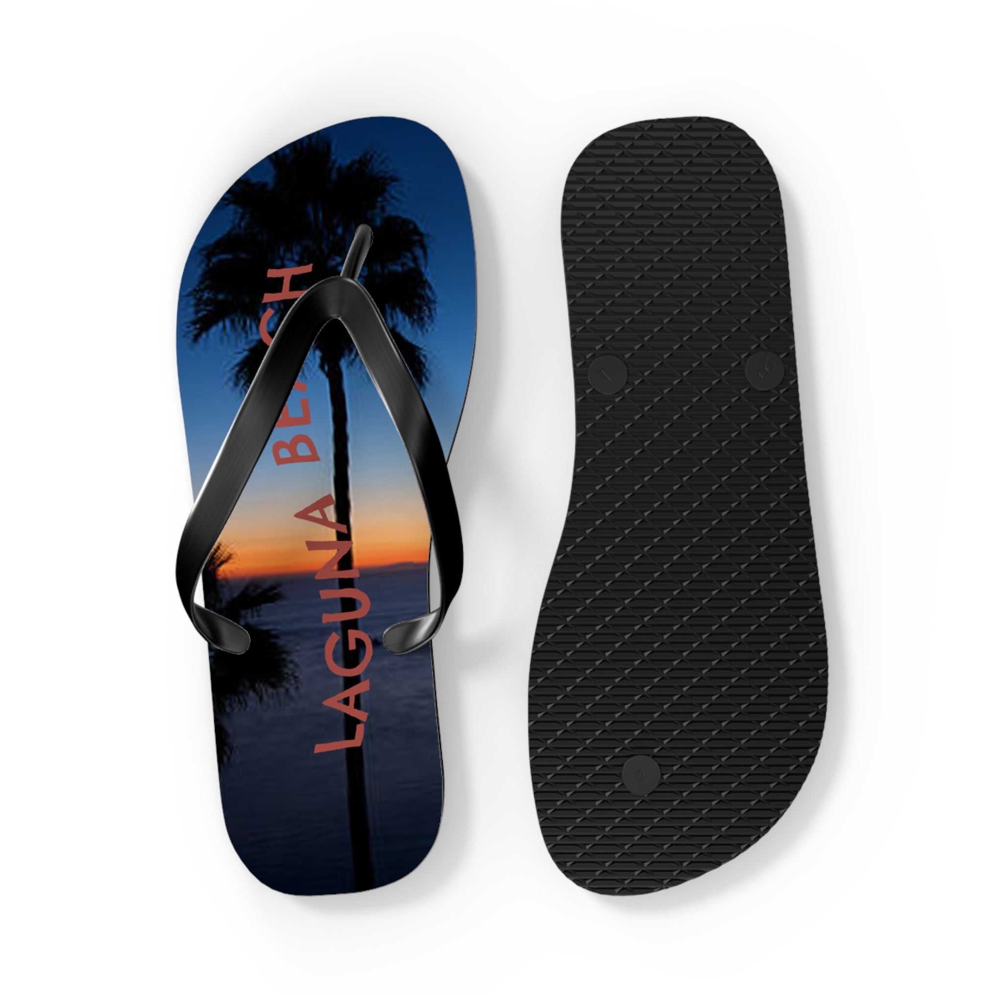 Flip-flops with Laguna Beach sunset and palm tree graphic.