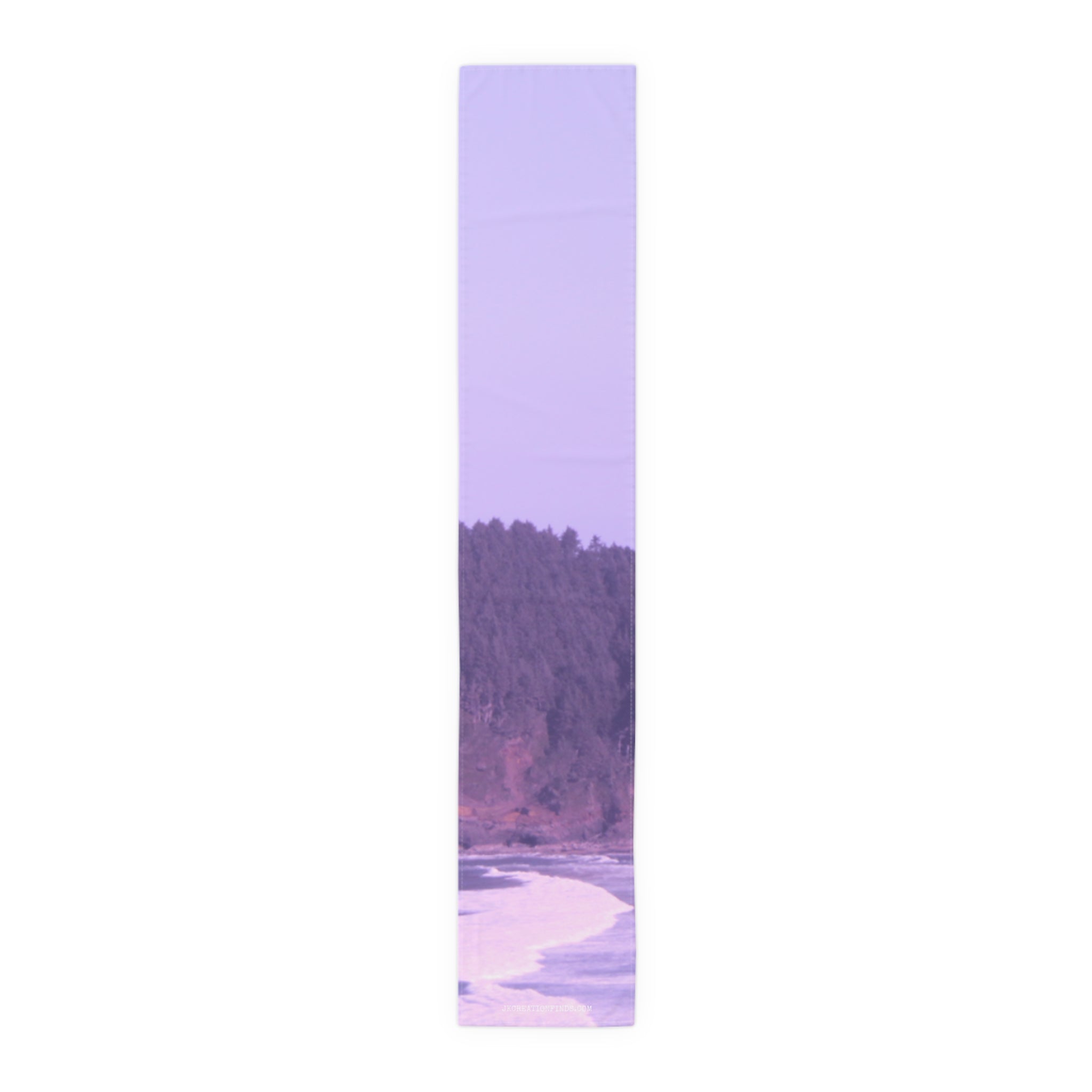 Purple gradient scarf with a forest and ocean scene.