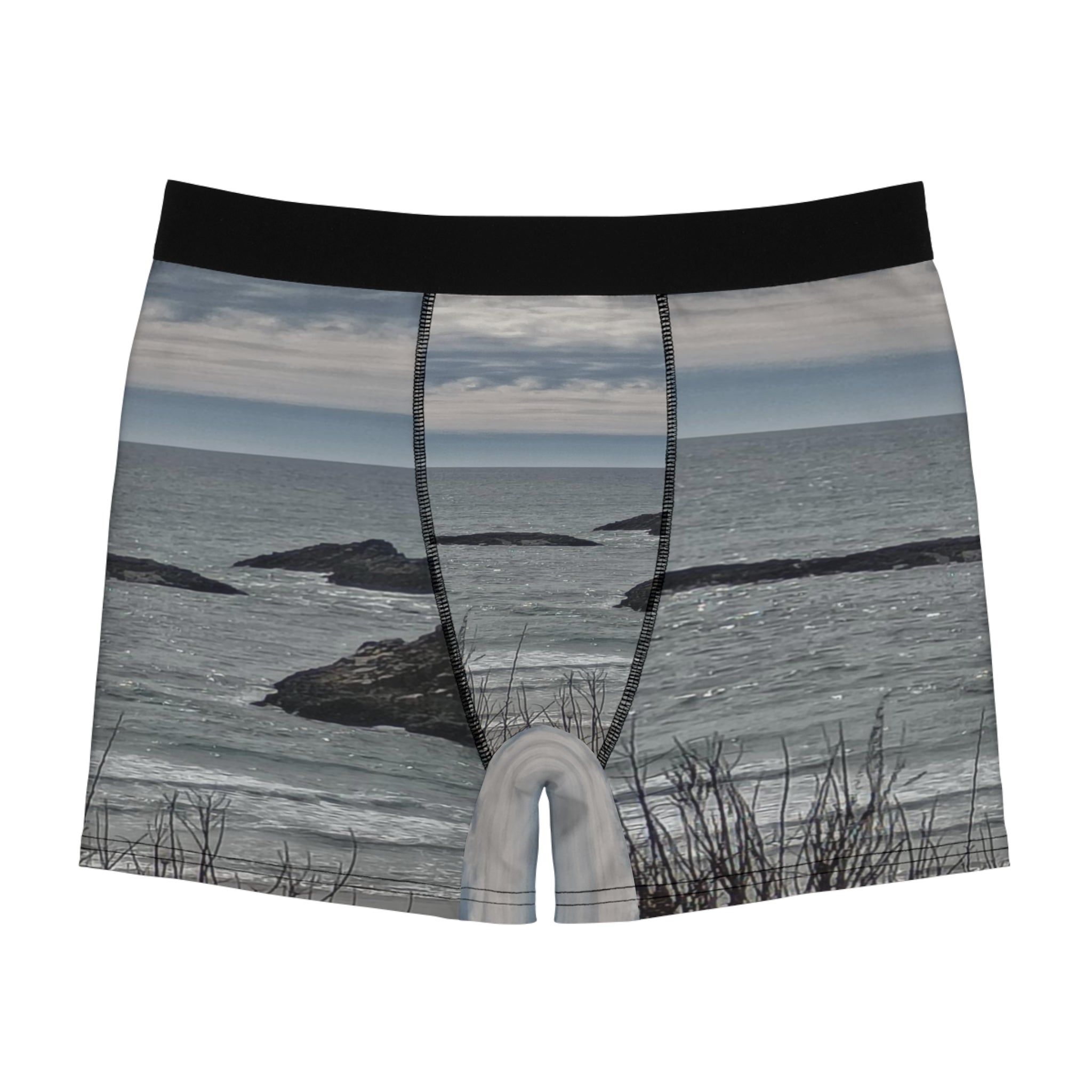 Men's boxer briefs with a rocky ocean seascape print.