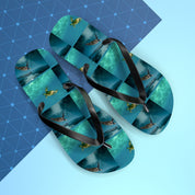 Flip-flops with repeating sea turtle and ocean water print.