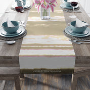 Table runner with abstract pastel stripes and "JKCREATIONFINDS.COM" text.