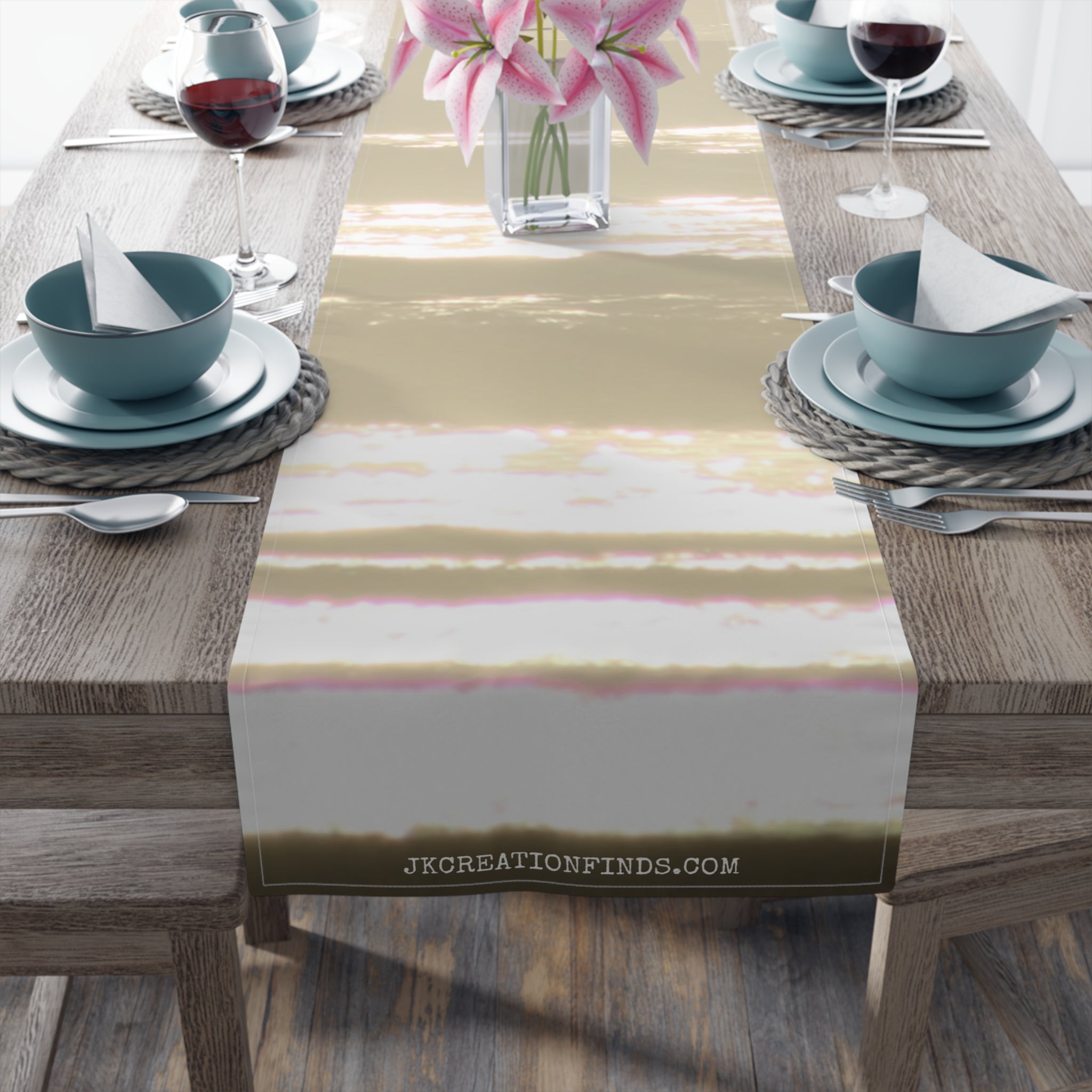 Table runner with abstract pastel stripes and "JKCREATIONFINDS.COM" text.